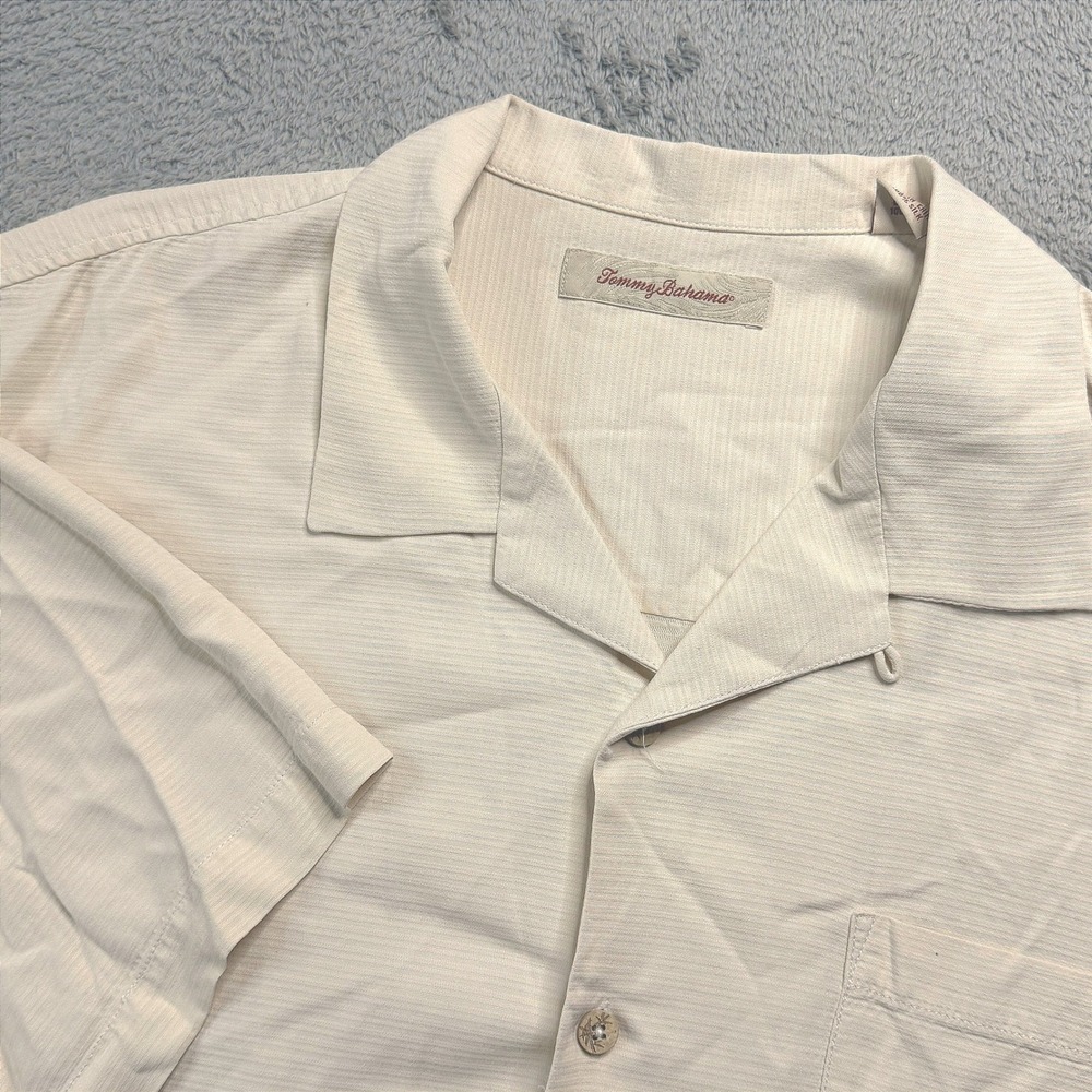 Tommy Bahama Mens XL Silk Camp Shirt Cream Short Sleeve Button Down Textured
